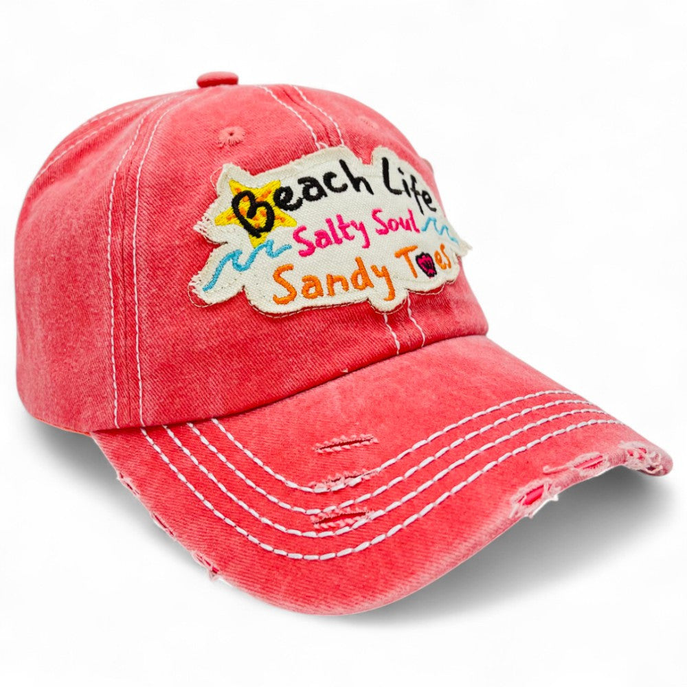 "Beach Life Salty Soul Sandy Toes" Baseball Cap-Local Artist Designed, Vintage, Distressed, Embroidered, 100% Cotton, UV Protection, Adjustable