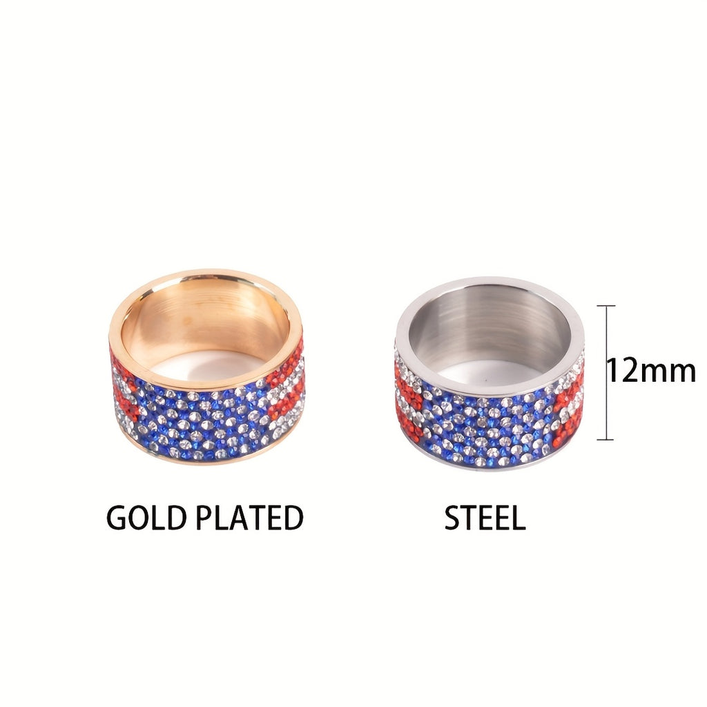 Patriotic Stainless Steel Rings with Rhinestone Accents - American Flag Design Jewelry Gift for Men And Women