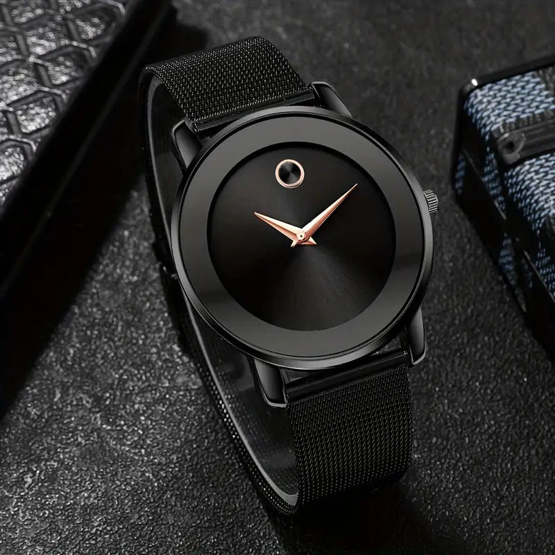 Set of 2 Minimalist Watches, Men'S Business Mesh Strap Classic Casual Quartz Watch (Black And Golden)