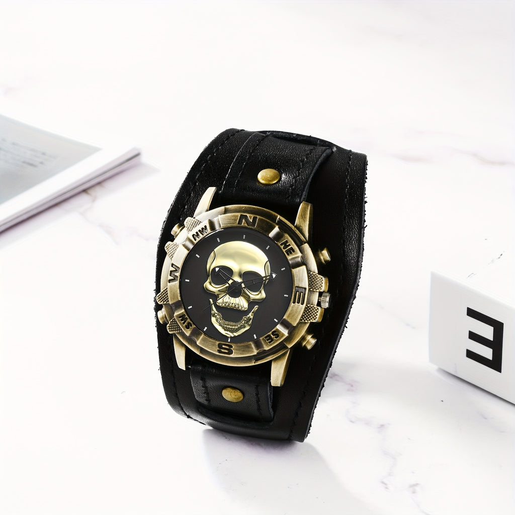 Steampunk Men's Analog Quartz Skull Watch, Vintage Halloween Biker Watch, Round Case, Wide Leather Strap, Bar Scale, Suitable for Casual, Biker Party, Halloween Party Wear, Memorial Day Christmas Birthday Gift