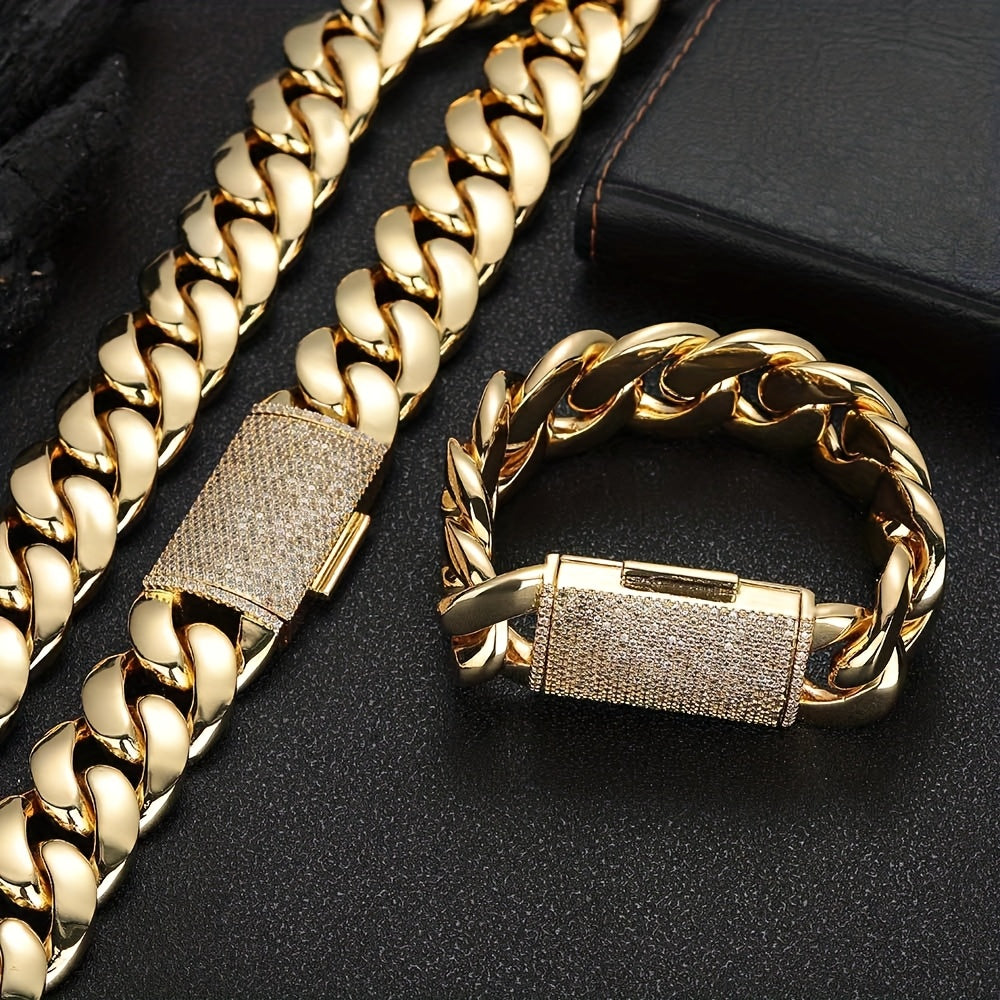 Two 12mm Trendy Bracelets And Necklaces Set, Hip-hop Jewelry, 18K Gold Plated-plated 316L Stainless Steel, Sturdy And Durable Men's Gift