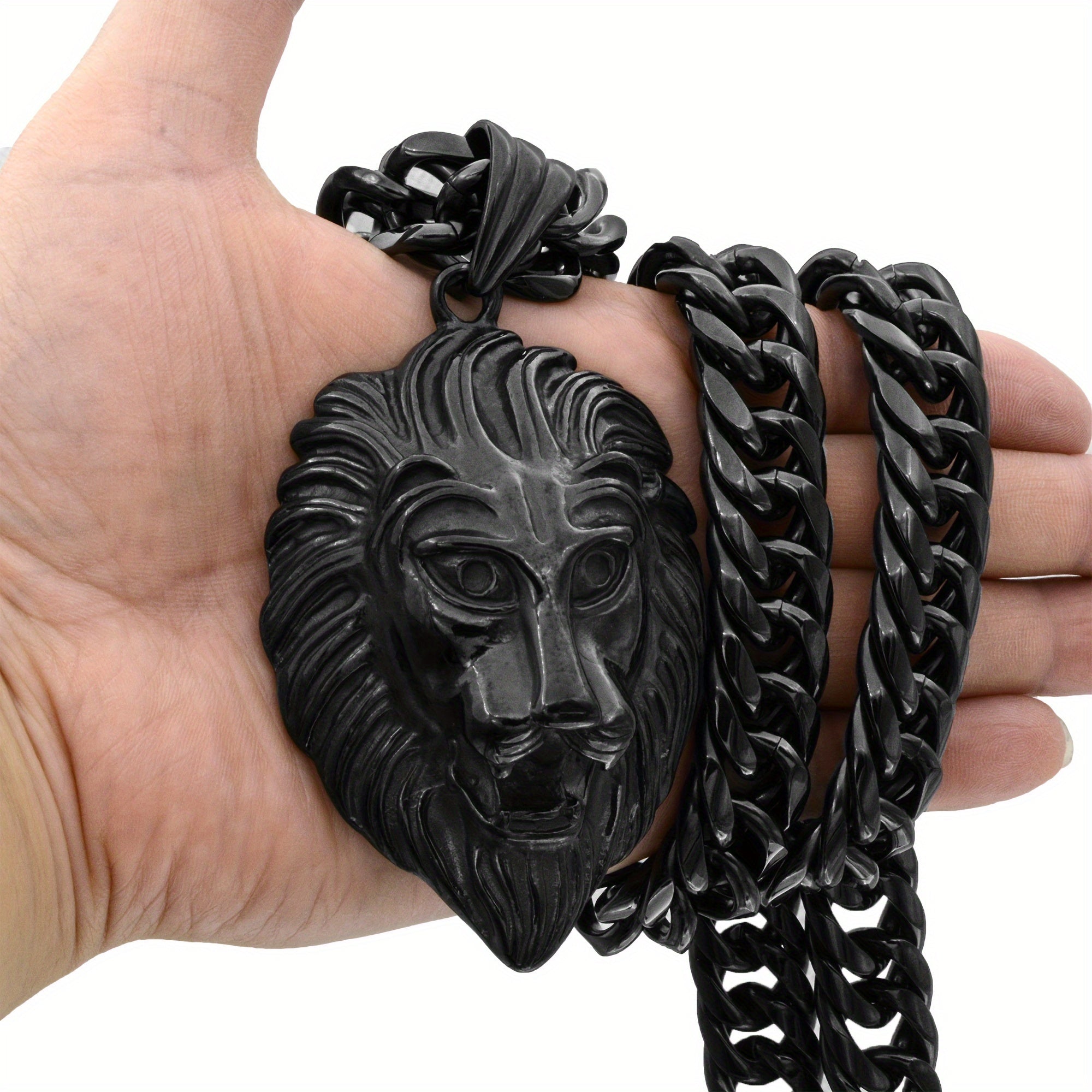 Majestic Lion Head Pendant Necklace Durable Stainless Steel Cuban Chain Fashion Black End Men'S Bold Statement Jewelry