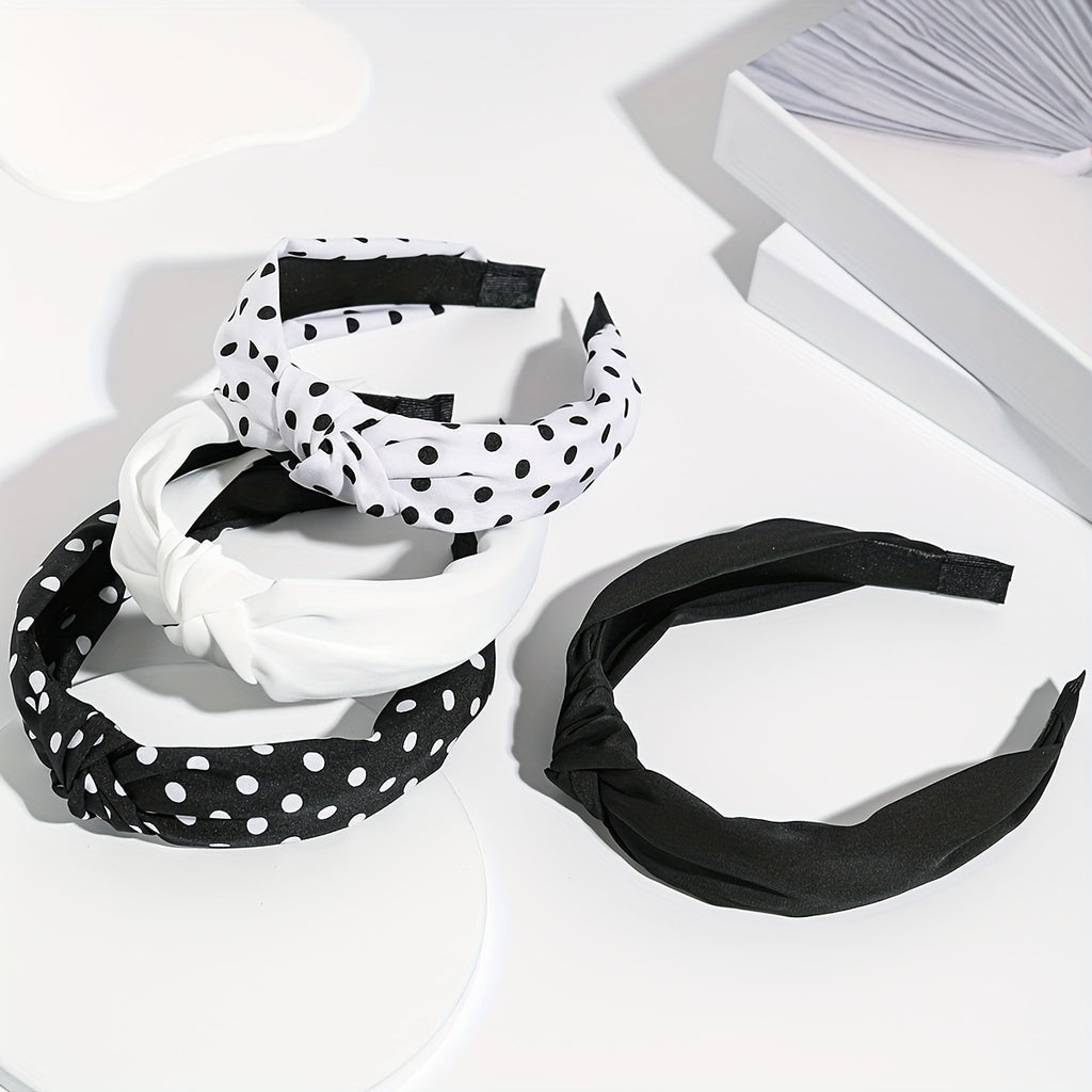 4pcs Women’s Knotted Headbands – Stylish Wide Brimmed Hair Accessories with Elegant Polka Dot Design in Black & White, Retro and Minimalist Look for Daily Wear, Cute Hair Accessories