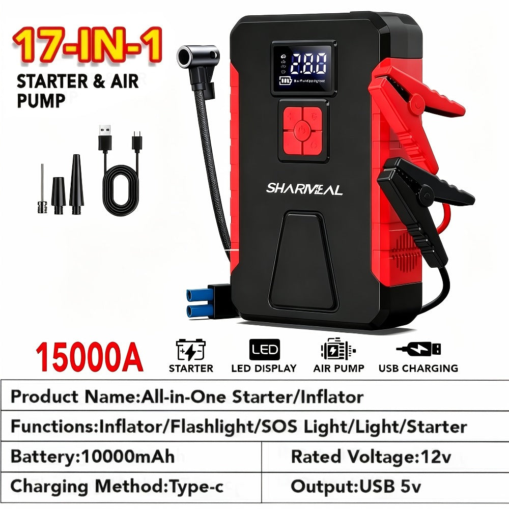 [Portable Jump Starter] 15000A-19000A Peak 350PSI 12V 17-in-1 Portable Jump Starter with Air Compressor Jump Starter, Car Battery Charger, Car Jump Starter with Air Compressor, Jump Starter Para, Car Accessories Tools, LED Light, Battery Charger, Cart Bat