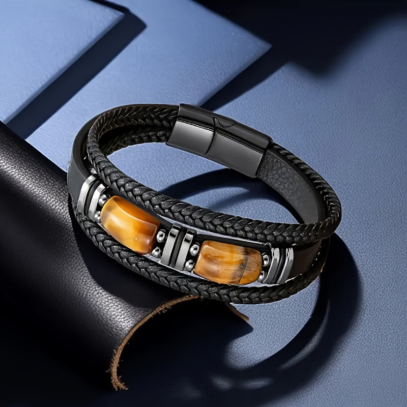 1pc Tiger Eye Stone Men'S Bracelet Natural Stone Protection Multilayer Braided Wristband Bangle Gifts For Him