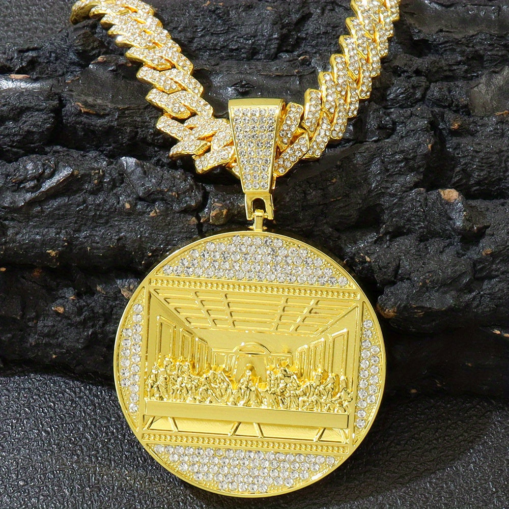 Set of 2 The Last Supper Men'S Golden Pendant Necklace Featuring a Hip Hop Cuban Chain And Tennis Chain, Perfect for Daily Wear Or Parties, a Stylish Gift for Men