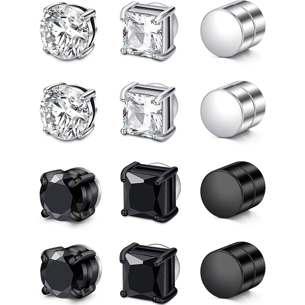 8/9/12/14pcs Magnetic Stud Earrings for Men Round Square Embellished Stud Earrings