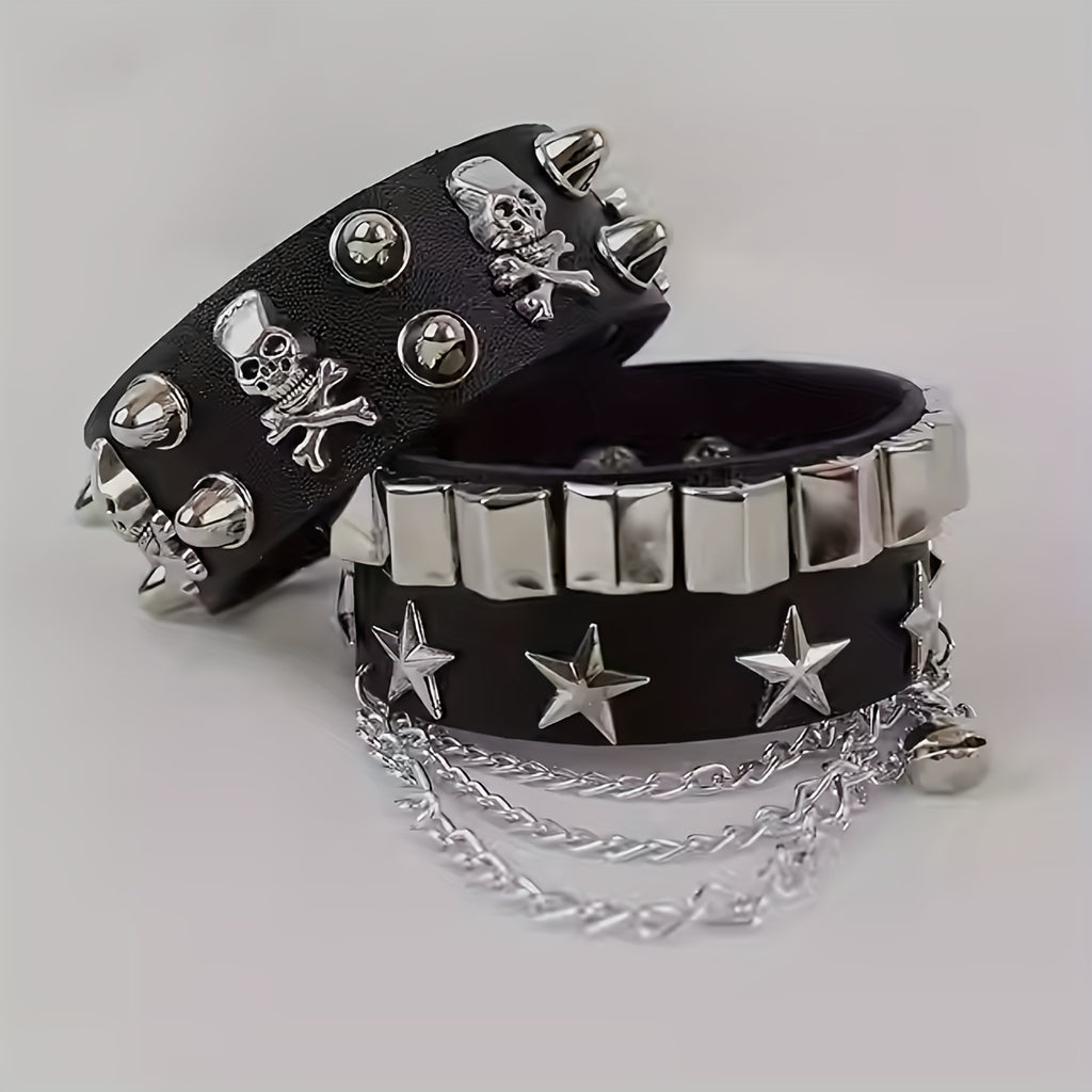 1pc Fashion Men's Multi-layer PU Leather Wide Bracelet, Domineering Skull Rivets Punk Hip-hop Bracelet, Artificial Jewelry