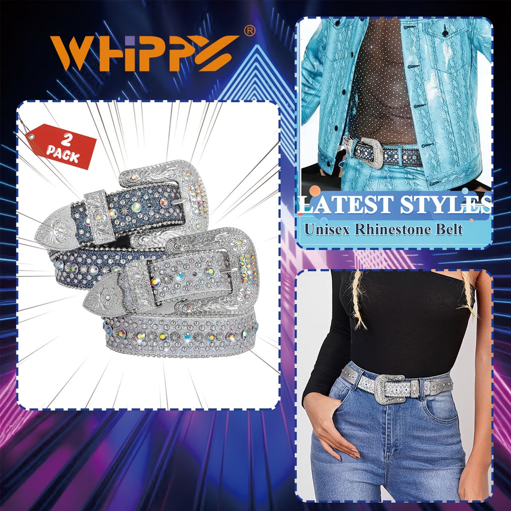 1Pack/2Pack WHIPPY Sparkling Rhinestone Men'S Belt - Made of Vegan Faux Leather with a Secure Buckle, Adjustable Dress Strap Suitable for Casual, Party, Or Festival Wear - A Unique Designer Gift for Him (Christmas, Birthday, Anniversary