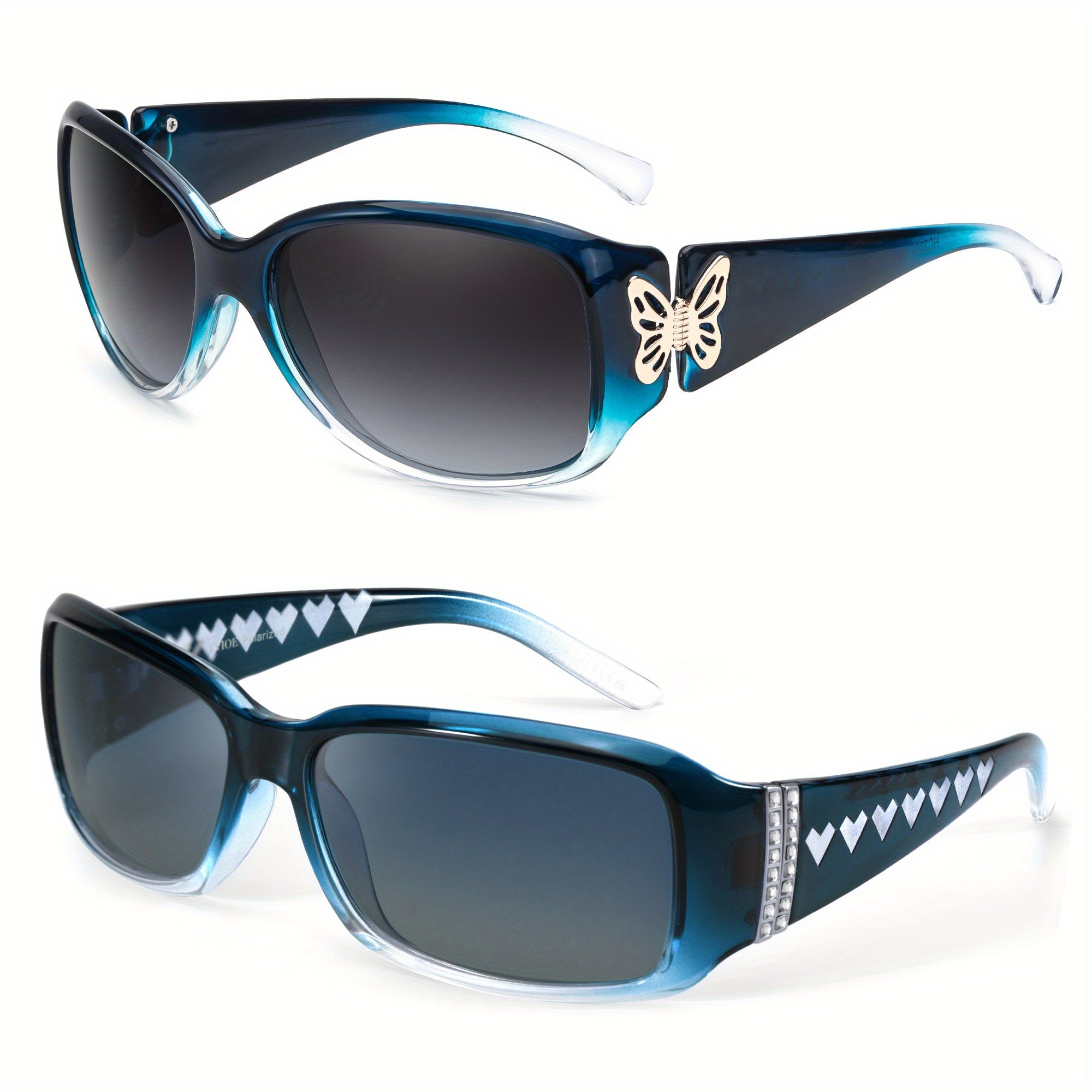 [2pcs] Women'S Polarized Sunglasses with Wrap-Around Butterfly Heart Design, Trendy Jackie-O Style for UV400 Protection