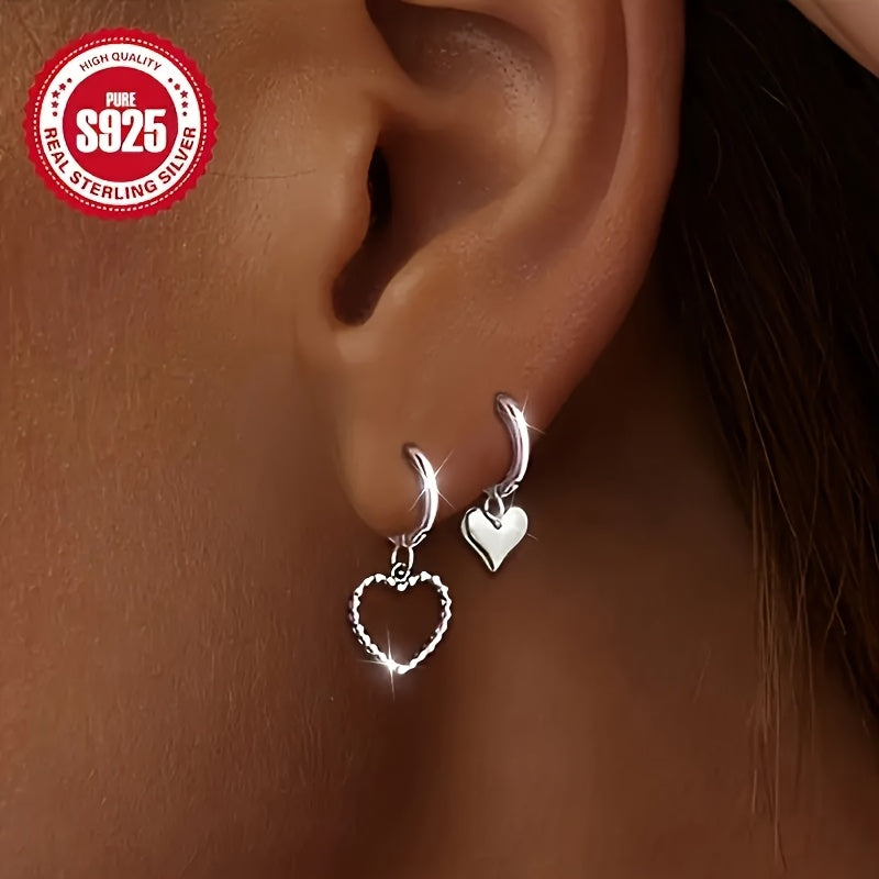 2 Pairs Chic S925 Sterling Silvery Heart-Shaped Dangle Earrings - Hypoallergenic, Perfect Gift For Her, Everyday & Party Wear
