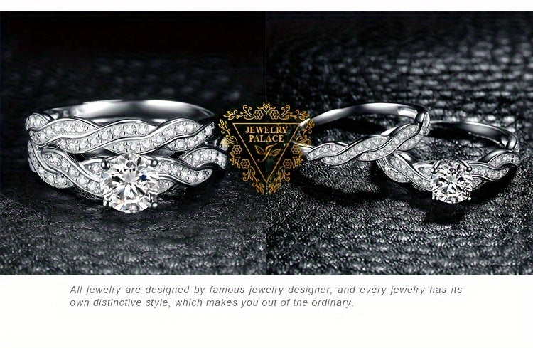 [Wedding Engagement Ring] 2pcs/Set 925 Sterling Silver Classic And Elegant Infinity Knot Design Round Cut Cubic Zirconia Decor Silvery Wedding Engagement Ring for Woman Bridal Set Ring Band Stackable Fine Jewelry