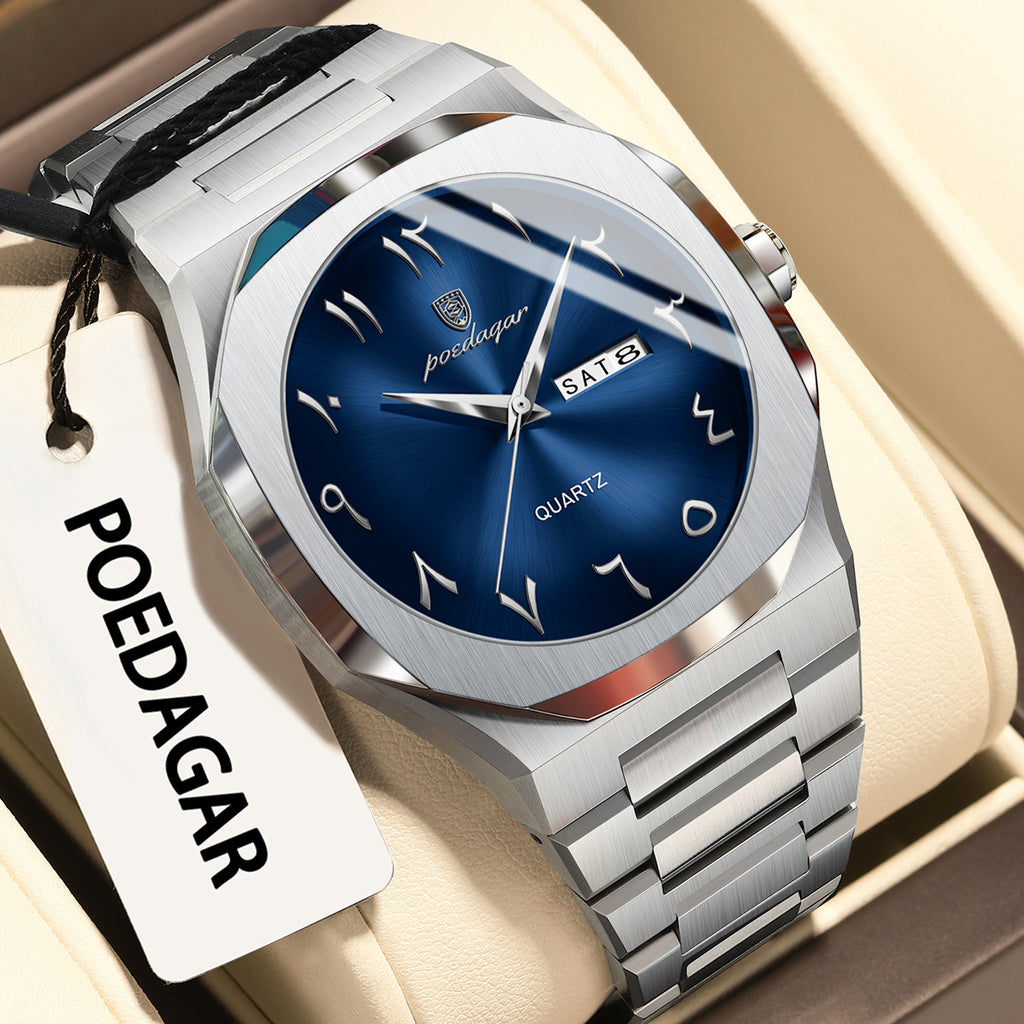 POEDAGAR Men's Automatic Week & Date Display Watch - Minimalist Casual Quartz Wristwatch with Stainless Steel Band, 3ATM Case, Battery-Powered Analog Timepiece for Casual Attire, Durable & Affordable for Daily Use Suitable for Men and