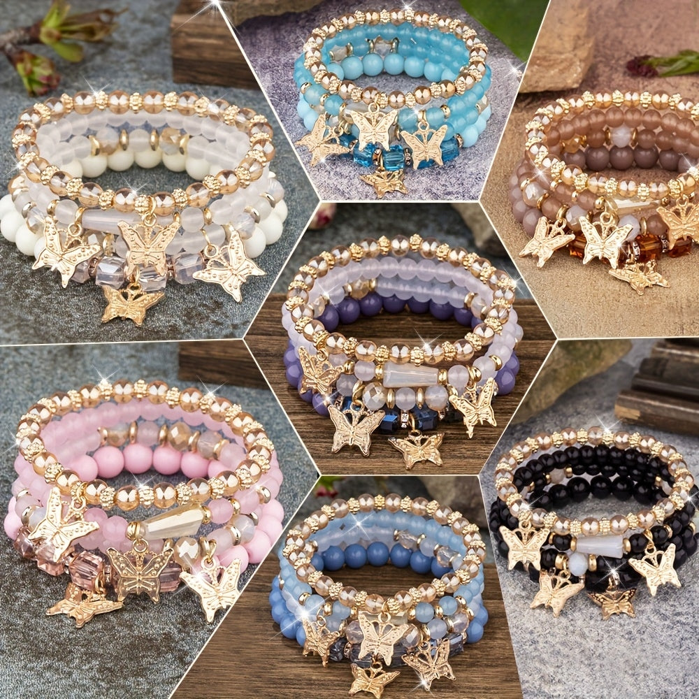 7 sets (a total of 28pcs) of multi-layer beaded stackable bracelet sets, artificial butterfly pendant jewelry sets, multi-layer beaded elastic bracelets, handmade jewelry sets -DIY beaded jewelry