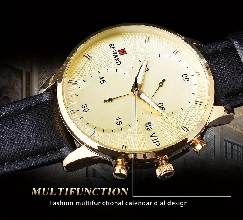 [1pc Men's Watch] 1pc Men's Black Golden Quart Watch | PU Leather Strap, with Gift Box
