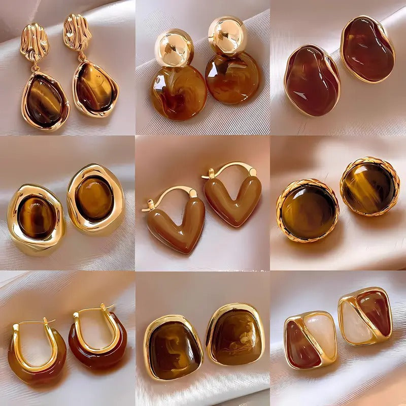 9 Pairs of Malaite Earrings, Light Luxury High-End Tiger's Eye Stud Earrings, Women's INS-Style Niche Versatile Earrings, Suitable for Daily Wear, Banquets, Parties, Multiple Styles for Different Weekly Outfits