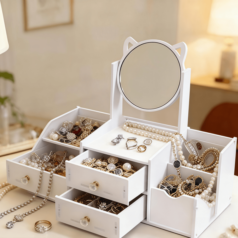 Jewelry Box, Small Makeup Storage, Requires Manual Assembly, Cute Cat Ear High-definition Mirror, Sweet and Exquisite Design, Light Luxury and Exquisite, Suitable for Use in the Living Room, Washbasin, and Dressing Room.