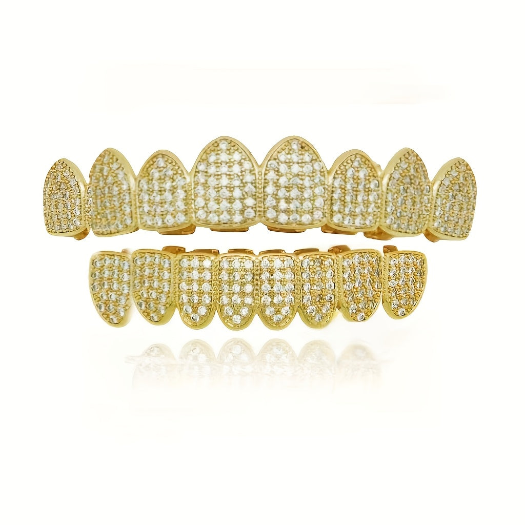 1 Set Of Design Models Niche Quirky Denture Sets Micro-set Full Of Synthetic Synthetic Zirconia Punk Style Halloween Pop-up Cosplay Big Golden Teeth Jewellery, Suitable for Party Party Party Party Gifts
