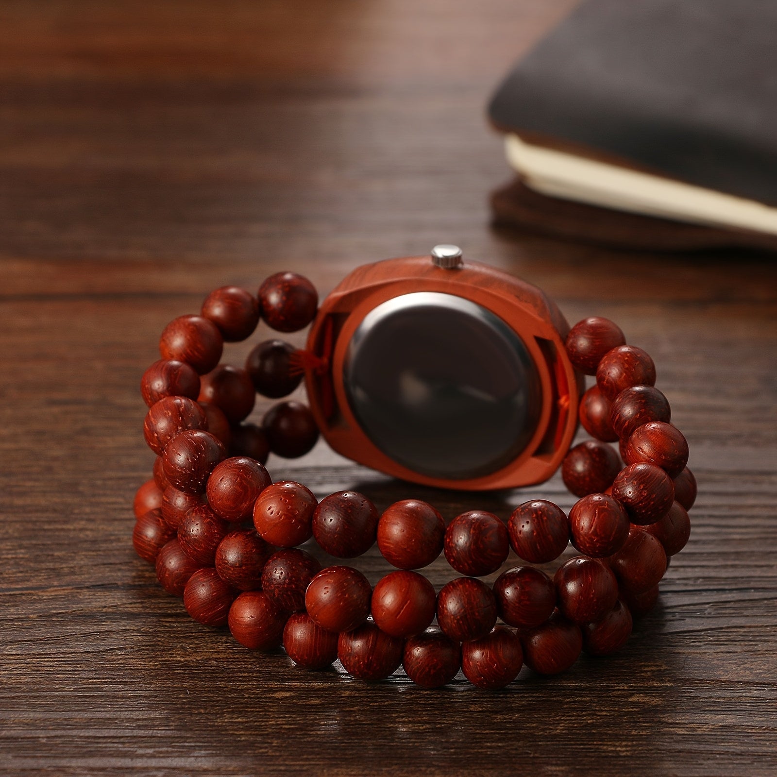 Women Wood Beaded Elastic Bracelet Band Watch Butterfly Dial Arabic Numerals Analog Quartz Boho Wristwatch