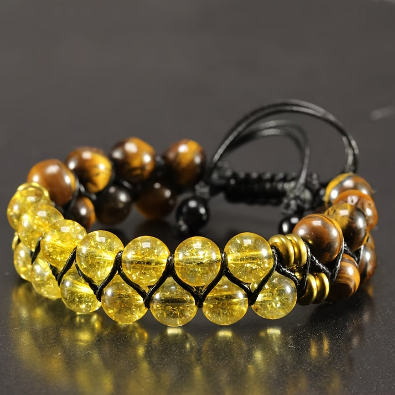 Natural Tiger Eye Stone Bracelet - Adjustable Tiger Eye Beads with Tiger Stripe Tiger' Eye Stone - Bohemian Male Jewelry for Luck, - Gift for & (No Plating)