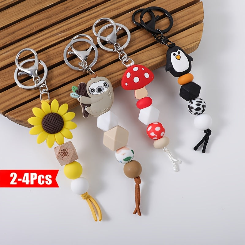2-4pcs/set Sweet And Cute Cartoon Sunflower Charm Handmade Beaded Keychain for Wrist Short Tassel Key Ring Accessory Bag Pendant Accessory Perfect Gift for Friends