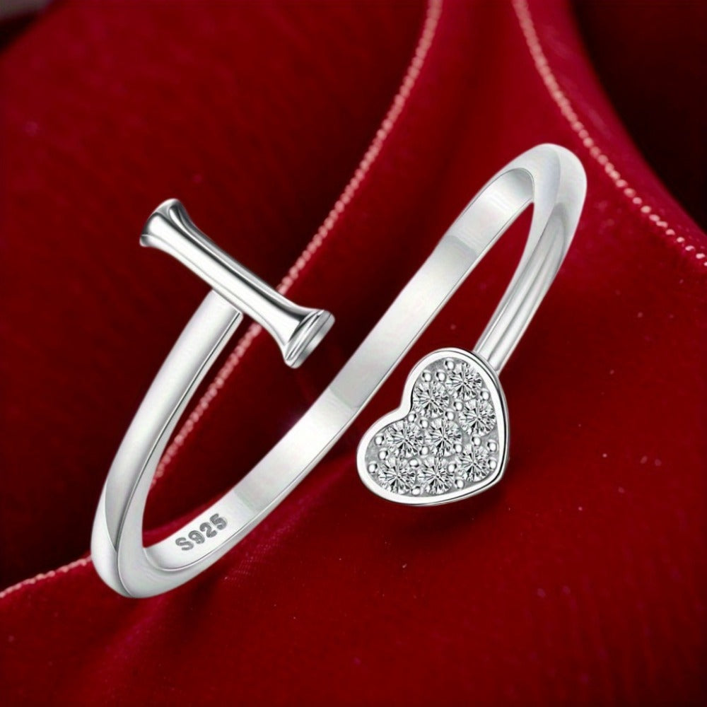 1pc 925 Sterling 925 Silver Letter Heart Initial Rings for Men Initial Heart Stackable Rings Adjustable Initial Rings for Men Cute Heart Alphabet Valentine's Day Jewelry Gifts, the best Christmas gift, Total weight of the product (3.2g)