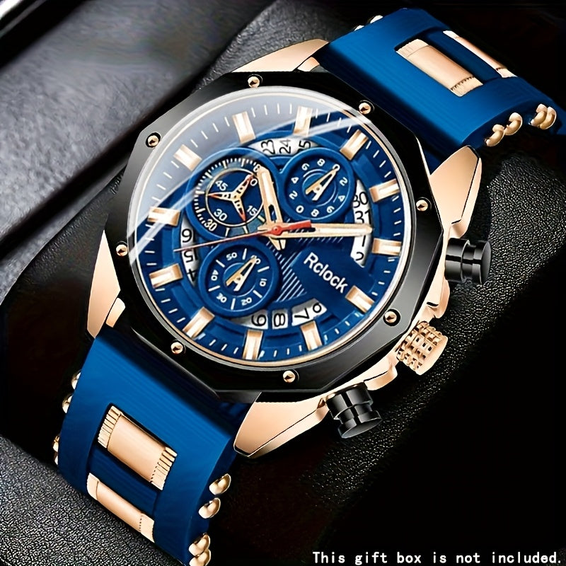 1pc Men'S Vintage Sports Chronograph - Large Round Dial, Silicone Strap, Quartz Movement, Calendar Function, Non-Waterproof Zinc Alloy Case, Battery-Powered Electronic Drive, Perfect Gift for Him