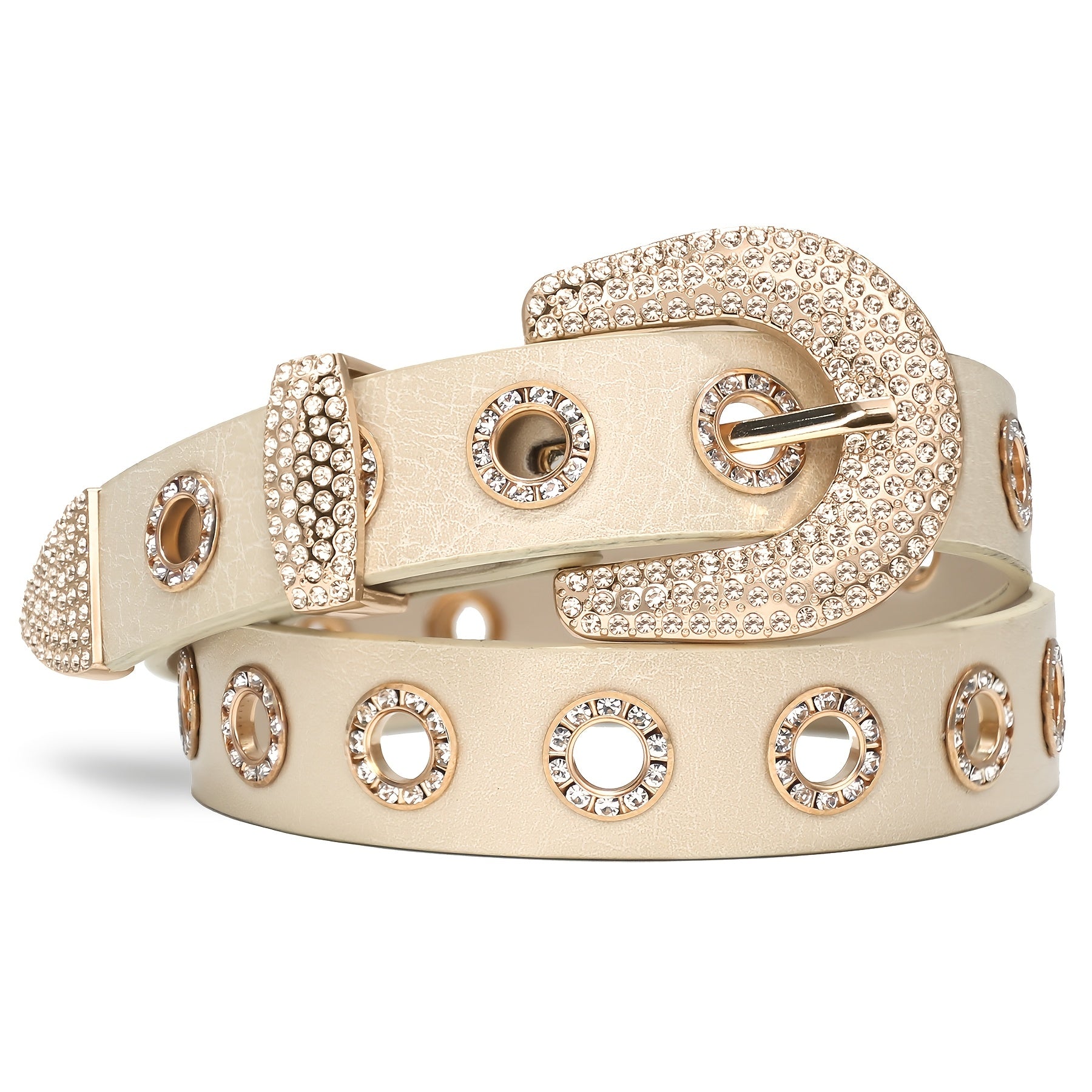Women's Punk Faux Leather Grommet Belt Women Vintage Studded Rhinestone Rock Belts for Jeans Dress Pants
