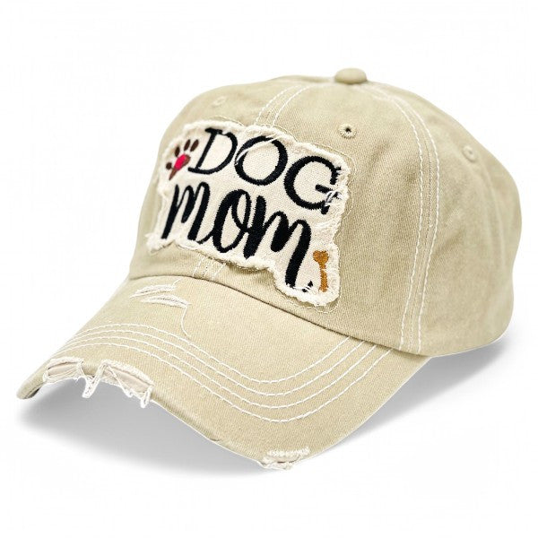 "Dog Mom" Paw and Bone Vintage Distressed Embroidered Baseball Cap For Women - 100% Cotton, Breathable, Casual, Adjustable, UV Protection