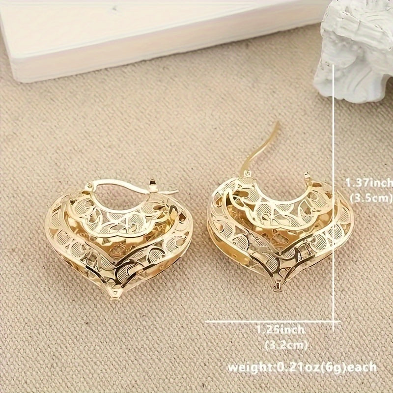 [4 Pairs Golden Earrings] 4 Pairs/Set Golden-Plated Heart-Shaped Hoop Earrings | Exquisite Hollow Design, Elegant Women's Ear Jewelry Accessories, Old-Fashioned Wedding and Birthday Gifts