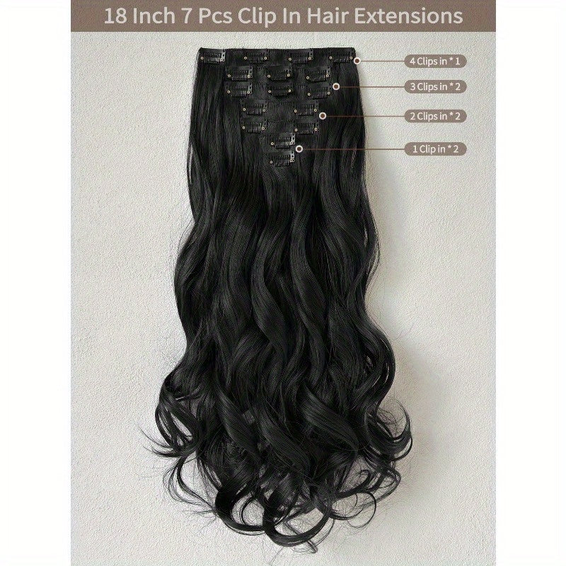 Clip In Hair Extensions 16 Clips 22 Inch 7pcs Set Black Long Natural Wave Hair Extension for Women Synthetic Hair Extensions Hairpieces