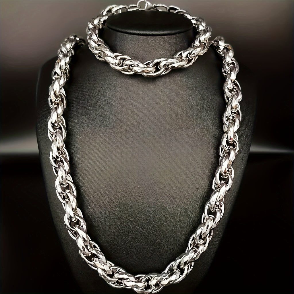 304 Stainless Steel 2pcs bracelet+necklace, Men's retro fashion hip-hop jewelry set as a gift for him