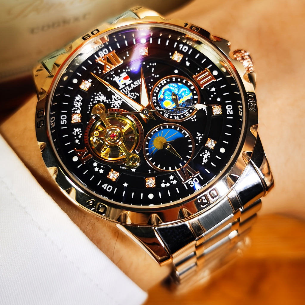 Top Brand Men Fashion Tourbillon Skeleton Automatic Mechanical Watch, Rose Golden Case Stainless Steel Strap, Iced Out Starry Sky Luminous Dial, Business Casual Mens Watches, 1pc, Gifts with Box