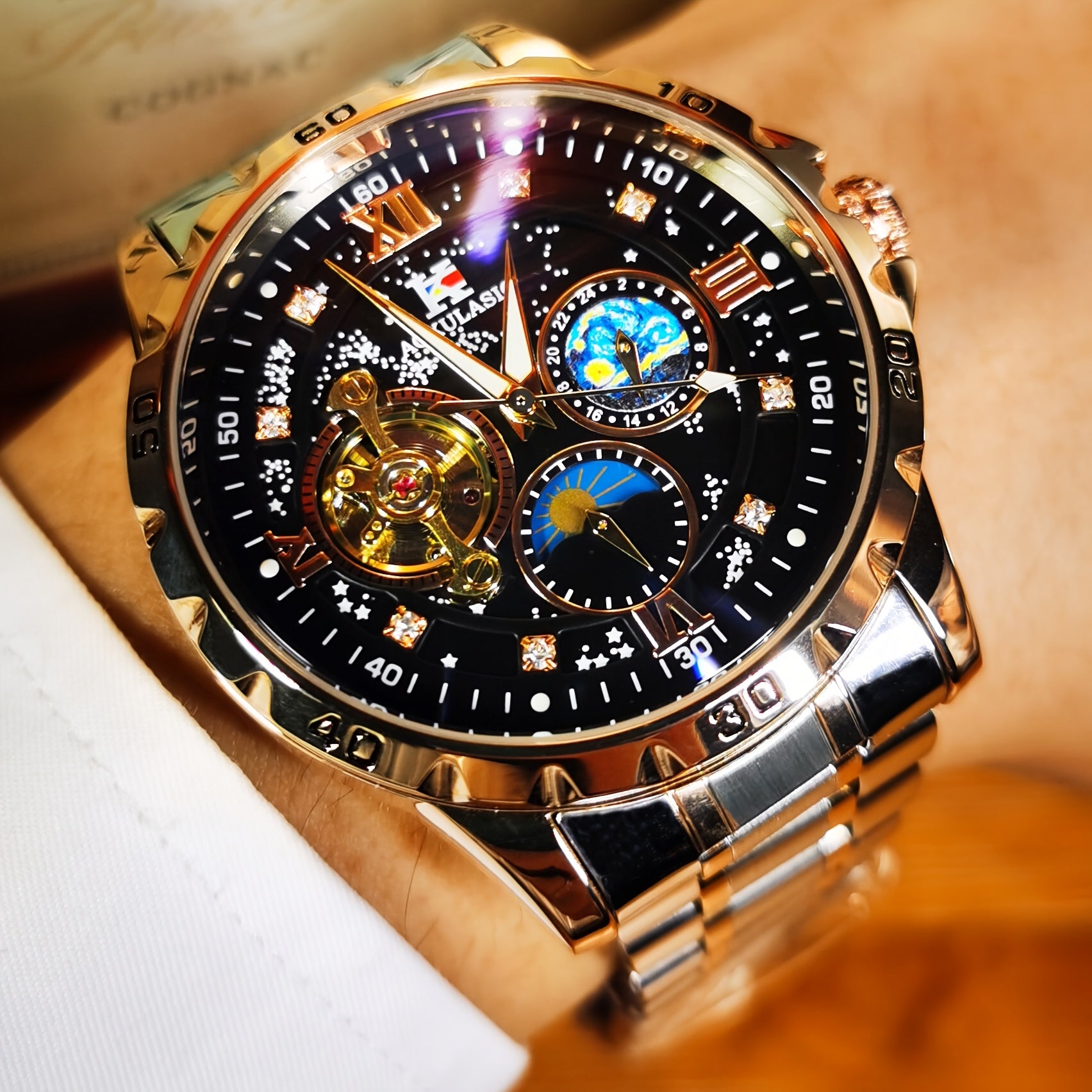 Top Brand Men Fashion Tourbillon Skeleton Automatic Mechanical Watch, Rose Golden Case Stainless Steel Strap, Iced Out Starry Sky Luminous Dial, Business Casual Mens Watches, 1pc, Gifts with Box