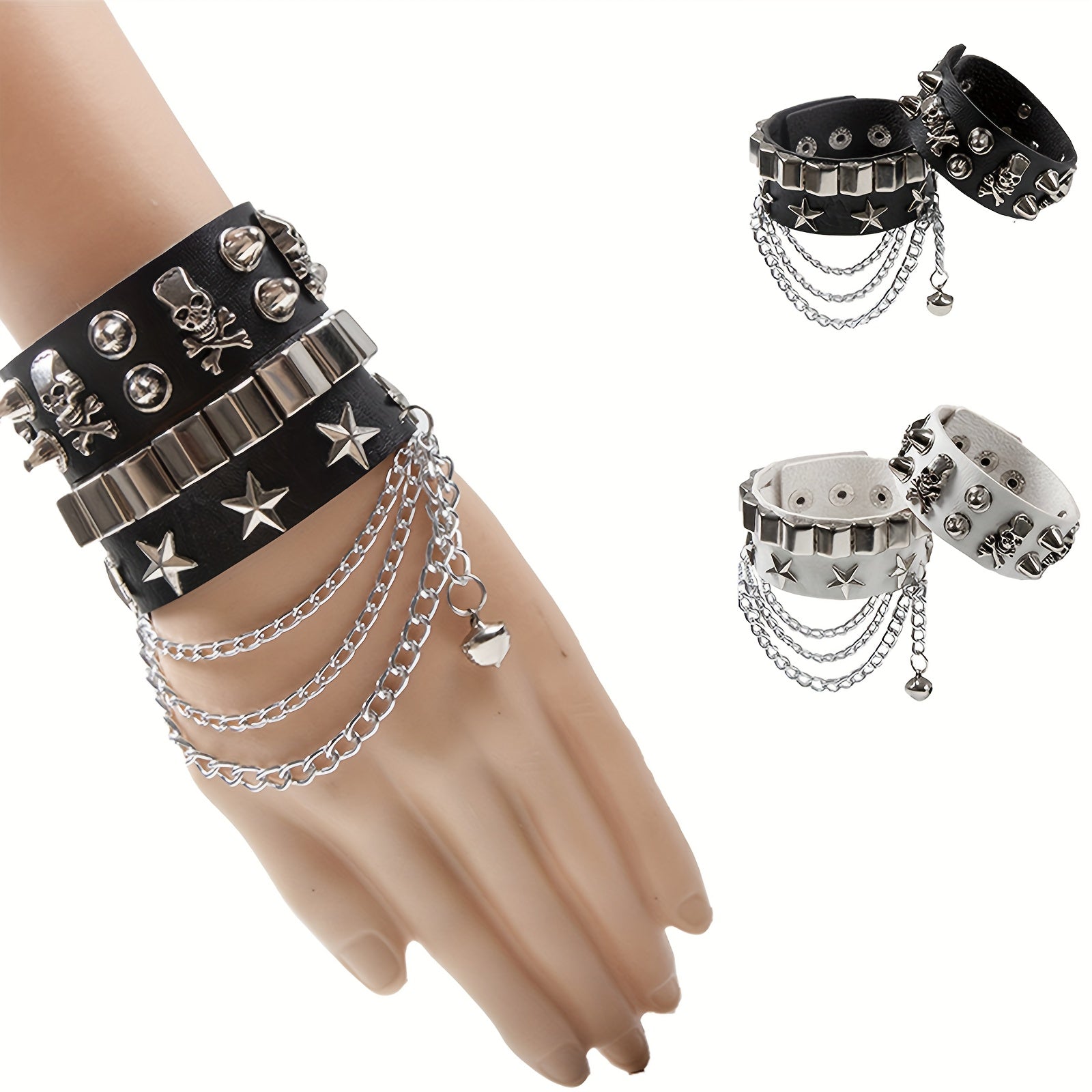 1pc Fashion Men's Multi-layer PU Leather Wide Bracelet, Domineering Skull Rivets Punk Hip-hop Bracelet, Artificial Jewelry