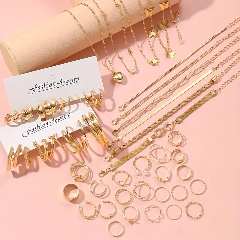 [Elegant Female Gift] 57pcs/Set Golden Bracelets Rings Anklets Earrings Necklaces Elegant Style Delicate Female Gift Without Box