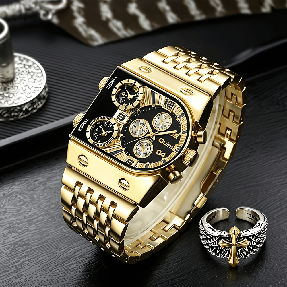 Opulent Men'S Golden Quartz Watch - Stylish Business Timekeeper Featuring Chronograph & Date Function, Alloy Band & Case, Powered by 36V Battery, Formal Attire Accessory | Refined Design | Roman Numeral Indicators