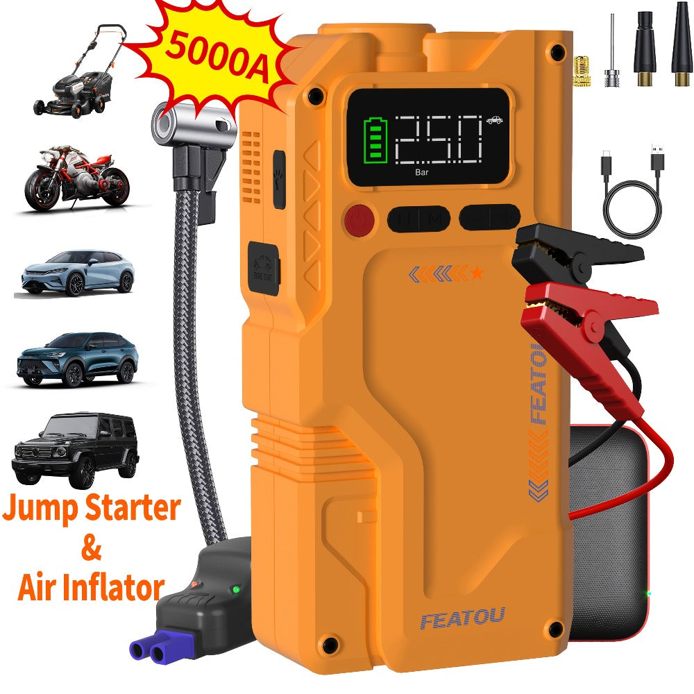 Jump Starter with Air Compressor, Portable Car Jump Starter, 5000A&7000APeak, Jump Starter Battery Pack With150PSI Digital Tire Inflator, Car Battery Jump Starter for 10.L Gas Or 2.38gal Diesel Fast Charging USB Output, LED Emergency Lighting