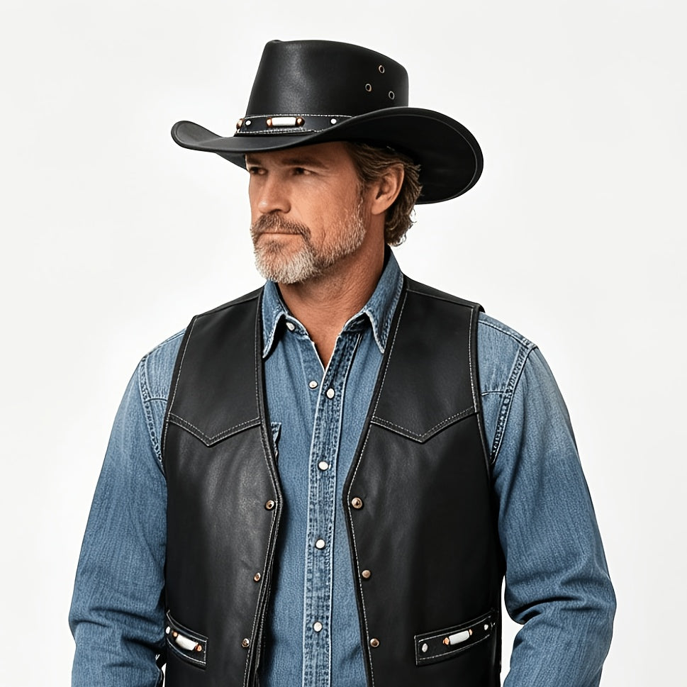 Black Leather Cowboy Hat for Men Women Western Australian Outback Hat with Shapeable Wide Brim, Aussie Style Leather Hat