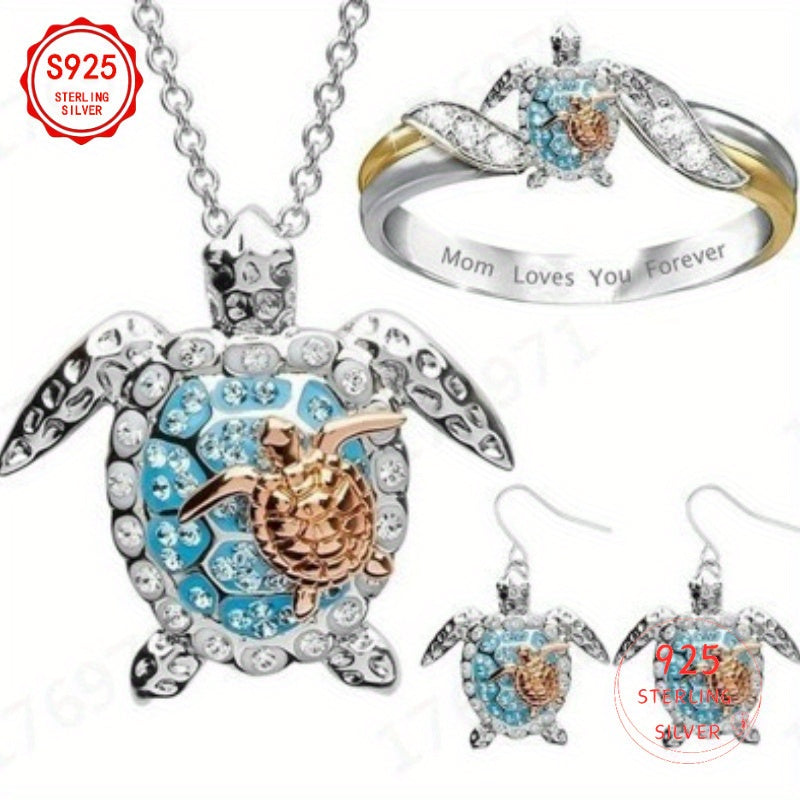 Turtle Necklace, Creative Turtle Golden Necklace + Earrings + Ring Set, S925 Silver, Inlaid Cubic Zirconia, Women'S Necklace, Daily Wear, Birthday Gift, Valentine'S Day Gift, Women'S Gift, Total Weight Of The Product (2g).