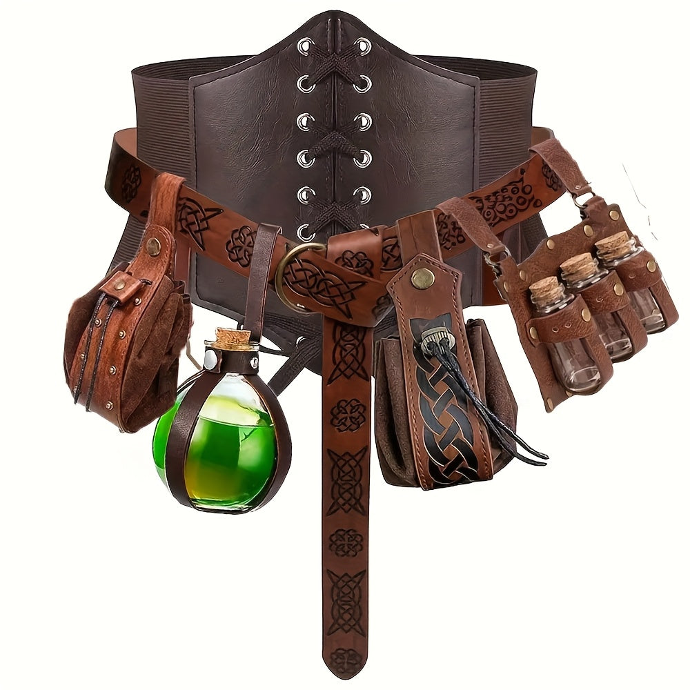 Set of 6pcs, Renaissance-Style Corset Costume Featuring a Medieval Belt And Pouches, Along with Cork Bottle And Waist Guard Additions, Perfect for Halloween, Christmas, LARP, Role-Playing Outfits, Party Decorations, Photography Props