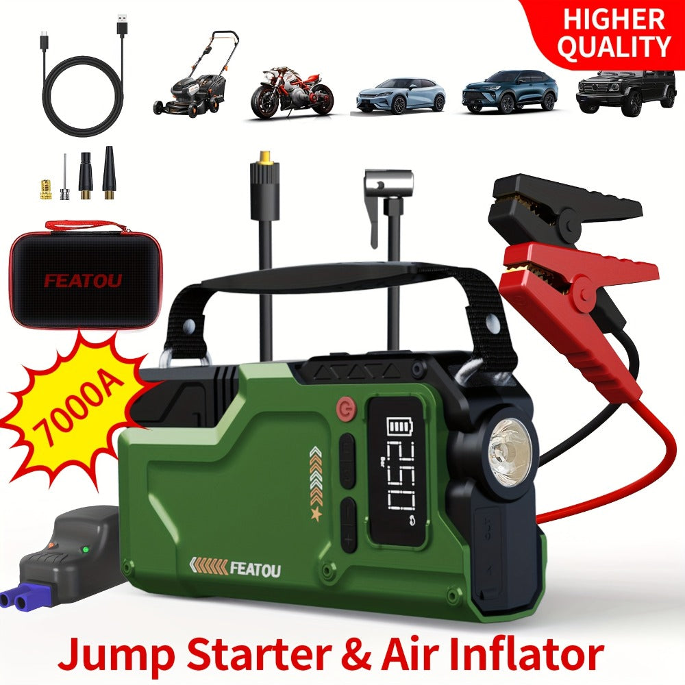 Jump Starter with Air Compressor, Portable Car Jump Starter, 5000A&7000APeak, Jump Starter Battery Pack With150PSI Digital Tire Inflator, Car Battery Jump Starter for 10.L Gas Or 2.38gal Diesel Fast Charging USB Output, LED Emergency Lighting