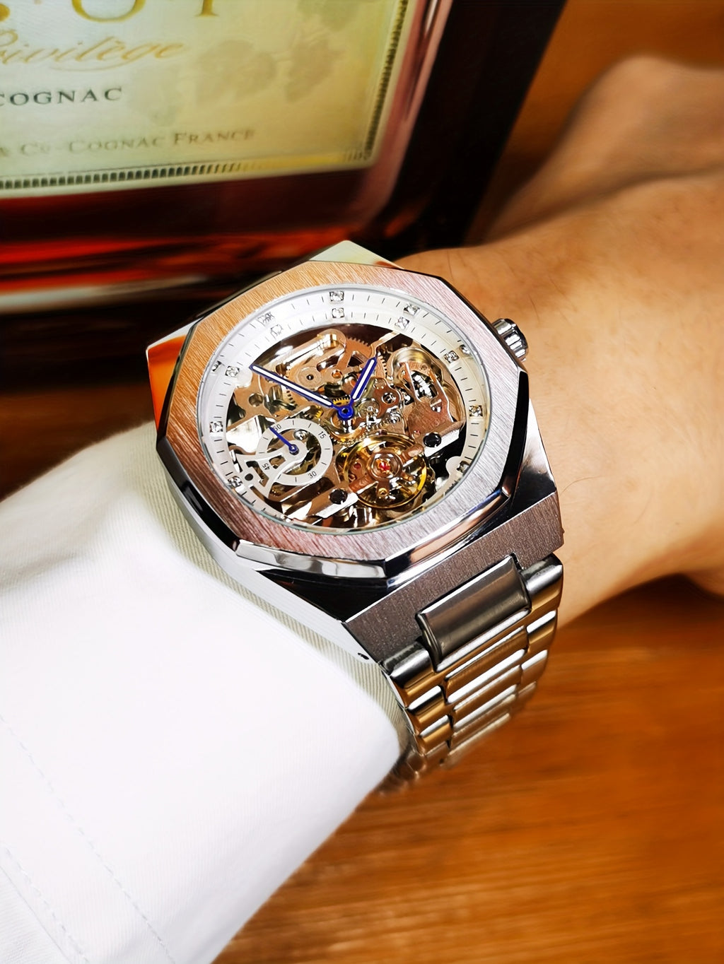 1pc FORSINING Men's Luxury Mechanical Watch - Skeleton Tourbillon, Luminous Hands, Stainless Steel Band, Irregular Case, Fashion Casual Style, Ideal for Christmas, Father's Day Gift, Luxury Business Watch | Automatic Watch | Without Battery
