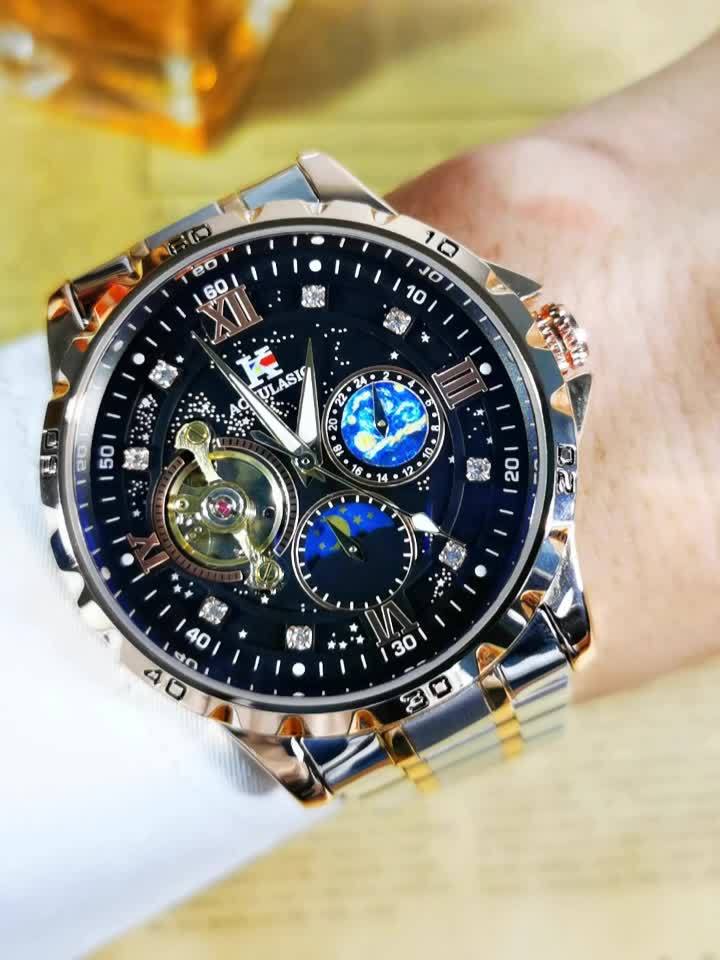 Top Brand Men Fashion Tourbillon Skeleton Automatic Mechanical Watch, Rose Golden Case Stainless Steel Strap, Iced Out Starry Sky Luminous Dial, Business Casual Mens Watches, 1pc, Gifts with Box