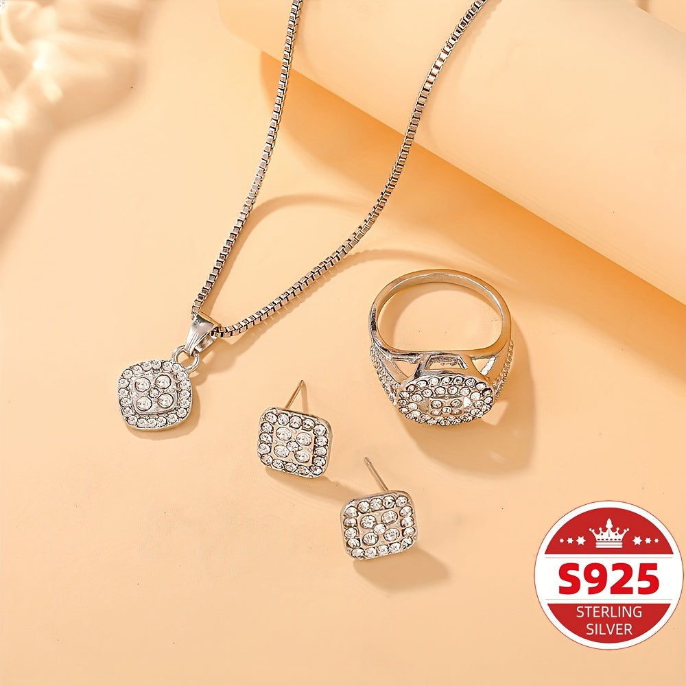 Elegant Set Of S925 Sterling Silver Pendant Necklace, Earrings, And Ring Designed for Men.