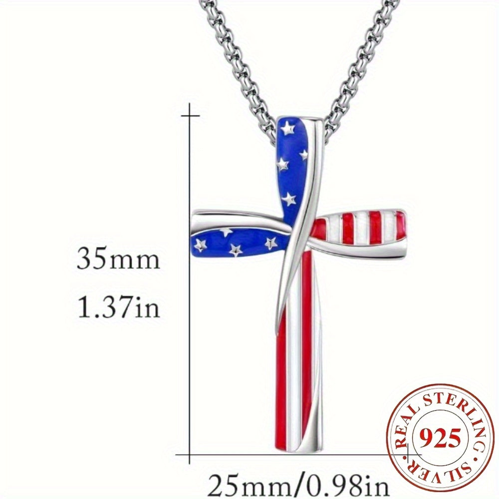 925s Patriotic Cross Pendant Necklace, Red, White, Blue Star Spangled Banner, American Flag, Independence Day, Suitable for Any Occasion, Best Choice for Gift Giving