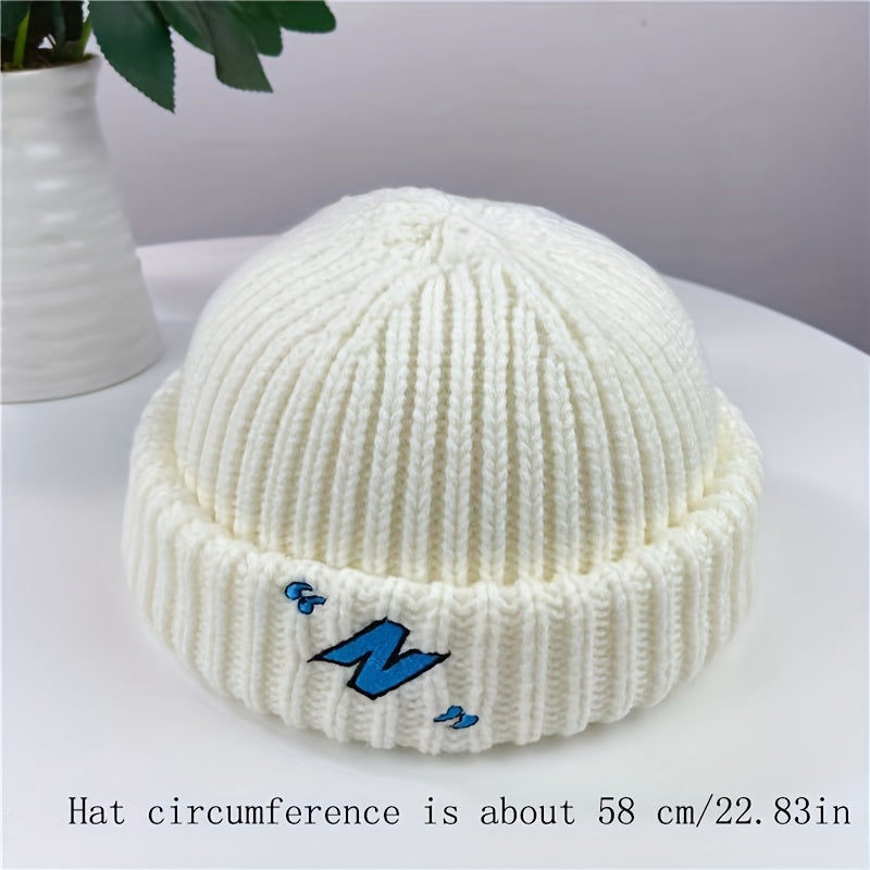 Men's Winter Warm Knit Beanie Cap - Basic Style, Machine Washable, Polyester Fiber Embroidery, Unisex Fashion Roll-Up Cuff