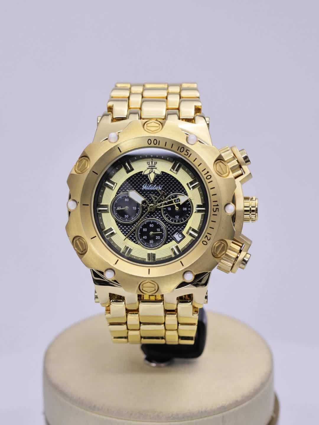 YaLaLuSi Brand 1pc Men's Multifunctional Luxury Quartz Watch Golden Strap with Atmospheric Dial Bully Color Scheme Eye-catching Eye-catching Chronograph Sub-Dial Practical Gift Box Strap Remover for Men Loved Ones Father Gift