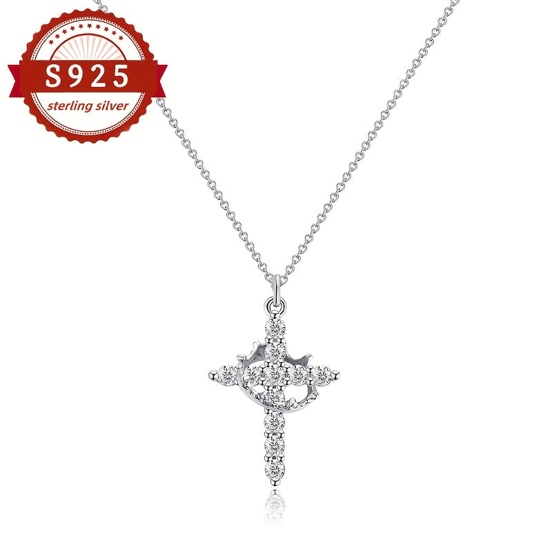 [Vacation, Banquet] 1pc, S925 Silver Cross Crown Necklace, Women's Fashion Pendant Necklace, Vintage Luxury, Suitable for Women's Daily Wear, Vacation, And Banquet Occasions, Hypoallergenic, Total Weight of The Product (2.85G)