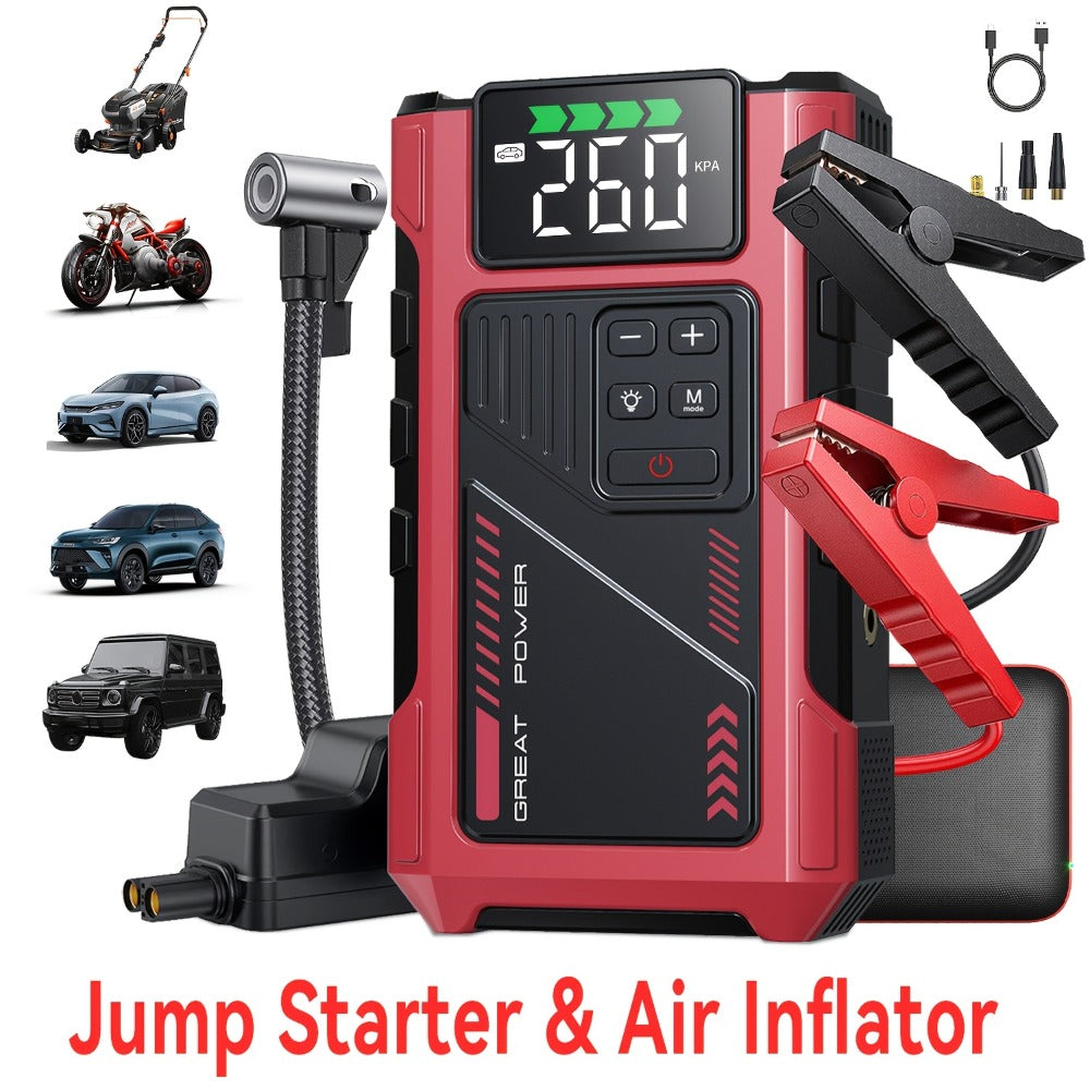 [Portable Jump Starter] 9-in-1 Portable Jump Starter with Air Compressor, Jump Starter for Car, Battery Jump Starter Portable, Car Battery Charger Portable For12V(8.0LGas/6.5L Diesel) Start The Car Quickly, USB Input/output, LED Emergency, Car Accessories